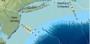 Scientists have mapped a huge aquifer off the US Northeast (hatched area). Solid yellow or white lines with triangles show ship tracks. Dotted white line near shore shows edge of the glacial ice sheet that melted about 15,000 years ago. Further out, dark blue, the continental shelf drops off into the Atlantic abyss. Credit: Gustafson et al., Scientific Reports, 2019