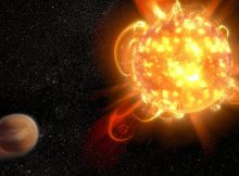 An artist's depiction of a superflare on an alien star. (Credit: NASA, ESA and D. Player)