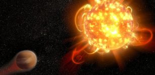 An artist's depiction of a superflare on an alien star. (Credit: NASA, ESA and D. Player)