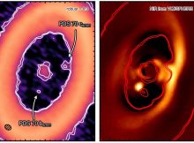 Radio astronomers using the Atacama Large Millimeter/submillimeter Array of telescopes in Chile have found a disk of gas and dust (left) around exoplanet PDS 70 c, a still-forming gas giant that was obscured from view in the 2018 infrared image (right) that first revealed its sister planet, PDS 70 b. (Image courtesy of A. Isella, ALMA (ESO/NAOJ/NRAO))