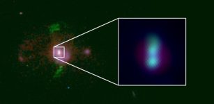 A galaxy roughly 2.5 billion light-years away has a pair of supermassive black holes (inset). The locations of the black holes are lit up by warm gas and bright stars that surround the objects. The finding improves estimates of when astronomers will first detect gravitational wave background generated by supermassive black holes. Credit: A.D. Goulding et al./Astrophysical Journal Letters 2019