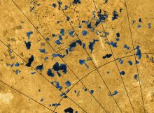 Radar images from NASA's Cassini spacecraft reveal many lakes on Titan's surface, some filled with liquid, and some appearing as empty depressions. Image credit: NASA/JPL-Caltech/ASI/USGS