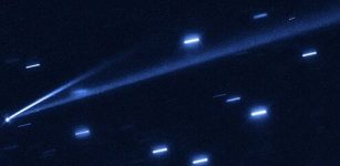 The asteroid 6478 Gault is seen with the NASA/ESA Hubble Space Telescope, showing two narrow, comet-like tails of debris that tell us that the asteroid is slowly undergoing self-destruction. The bright streaks surrounding the asteroid are background stars. The Gault asteroid is located between the orbits of Mars and Jupiter. Image: NASA, ESA, K. Meech and J. Kleyna, O. Hainaut