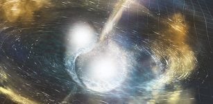 An artistic rendering of two neutron stars merging. Credit: NSF/LIGO/Sonoma State/A. Simonnet