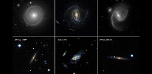 The top row of this mosaic features Hubble images of three spiral galaxies, each of which weighs several times as much as the Milky Way. The bottom row shows three even more massive spiral galaxies that qualify as “super spirals,” which were observed by the ground-based Sloan Digital Sky Survey. Super spirals typically have 10 to 20 times the mass of the Milky Way. The galaxy at lower right, 2MFGC 08638, is the most massive super spiral known to date, with a dark matter halo weighing at least 40 trillion Suns. (Image: Top row: NASA, ESA, P. Ogle and J. DePasquale (STScI). Bottom row: SDSS, P. Ogle and J. DePasquale (STScI)