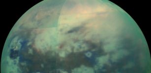 infrared view of Saturn's moon Titan from NASA's Cassini spacecraft, acquired during the mission's ''T-114'' flyby on Nov. 13, 2015.