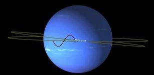 The odd orbits of Neptune's inner moons Naiad and Thalassa enable them to avoid each other as they race around the planet. Credit: NASA/JPL-Caltech