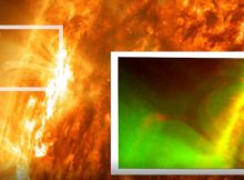 Forced magnetic reconnection, caused by a prominence from the Sun, was seen for the first time in images from NASA’s Solar Dynamics Observatory, or SDO. This image shows the Sun on May 3, 2012, with the inset showing a close-up of the reconnection event imaged by SDO’s Atmospheric Imaging Assembly instrument, where the signature X-shape is visible. Credit: NASA/SDO/Abhishek Srivastava/IIT(BHU)