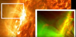 Forced magnetic reconnection, caused by a prominence from the Sun, was seen for the first time in images from NASA’s Solar Dynamics Observatory, or SDO. This image shows the Sun on May 3, 2012, with the inset showing a close-up of the reconnection event imaged by SDO’s Atmospheric Imaging Assembly instrument, where the signature X-shape is visible. Credit: NASA/SDO/Abhishek Srivastava/IIT(BHU)