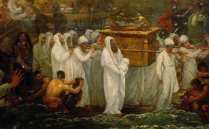Joshua passing the River Jordan with the Ark of the Covenant.