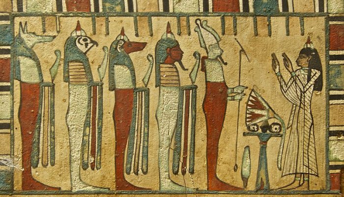 Lady Meresimen, Singer of God Amon, giving presents to Osiris and the "Four Sons of Horus"