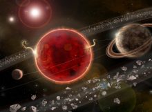 An artist’s rendering of the Proxima Centauri system shows the newly discovered exoplanet Proxima c (on the right), which orbits its host star in about 5.2 years. The smaller Proxima b, shown on the left, was discovered in 2016. Proxima Centauri is just 4.3 light-years from Earth. Lorenzo Santinelli