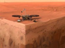 In this artist's concept of NASA's InSight lander on Mars, layers of the planet's subsurface can be seen below and dust devils can be seen in the background. Credits: IPGP/Nicolas Sarter