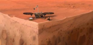 In this artist's concept of NASA's InSight lander on Mars, layers of the planet's subsurface can be seen below and dust devils can be seen in the background. Credits: IPGP/Nicolas Sarter