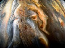 The JunoCam imager aboard NASA's Juno spacecraft captured this image of Jupiter's southern equatorial region on Sept. 1, 2017. The image is oriented so Jupiter's poles (not visible) run left-to-right of frame. Credit: NASA/JPL-Caltech/SwRI/MSSS/Kevin M. Gill