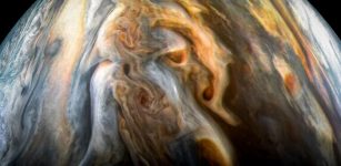 The JunoCam imager aboard NASA's Juno spacecraft captured this image of Jupiter's southern equatorial region on Sept. 1, 2017. The image is oriented so Jupiter's poles (not visible) run left-to-right of frame. Credit: NASA/JPL-Caltech/SwRI/MSSS/Kevin M. Gill