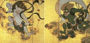 Raijin: Shinto God Of Thunder And Lightning With Three Fingers Representing Past, Present And Future