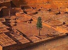 This digital reconstruction of Pueblo Bonito during its peak occupation depicts the "tree of life," which was long believed to have grown in the plaza. Credit: University of Arizona