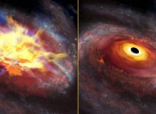 The image at left shows an artist's conception of the central portion of the galaxy that hosts the quasar SDSS J135246.37+423923.5 viewed at optical wavelengths.