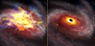 The image at left shows an artist's conception of the central portion of the galaxy that hosts the quasar SDSS J135246.37+423923.5 viewed at optical wavelengths.