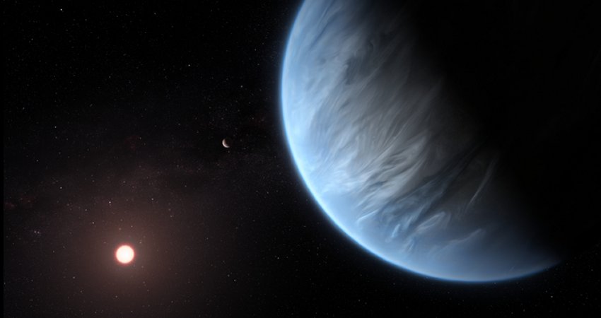 Artist’s impression of planet K2-18b, a super-Earth exoplanet known to host both water and temperatures that could support life. Credit: ESA/Hubble, M. Kornmesser