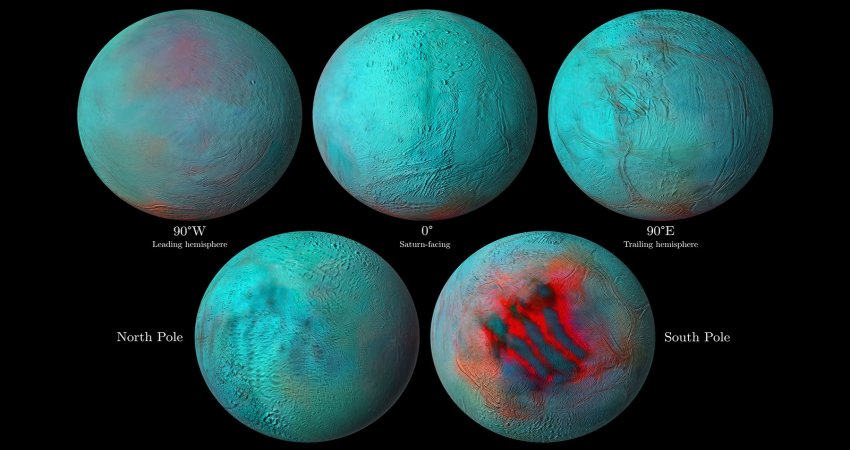 In these detailed infrared images of Saturn's icy moon Enceladus, reddish areas indicate fresh ice that has been deposited on the surface. Image Credit: NASA/JPL-Caltech/University of Arizona/LPG/CNRS/University of Nantes/Space Science Institute