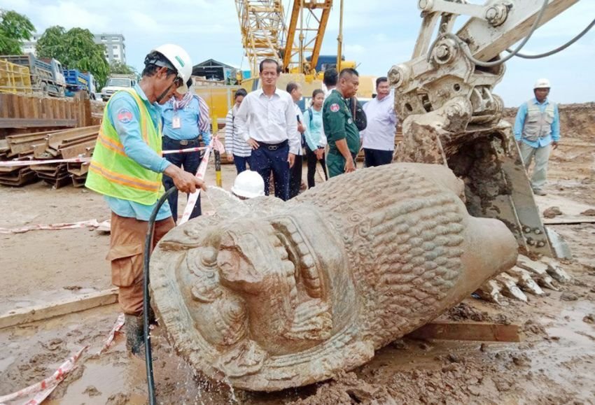 Two Pieces Of A Six-Foot-Tall Lion Statue Accidentally Found In Phnom Penh, Cambodia