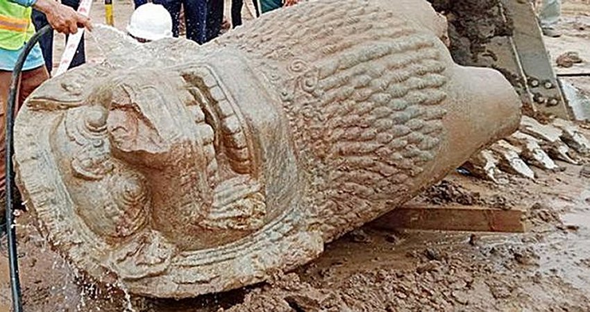 Two Pieces Of A Six-Foot-Tall Lion Statue Accidentally Found In Phnom Penh, Cambodia