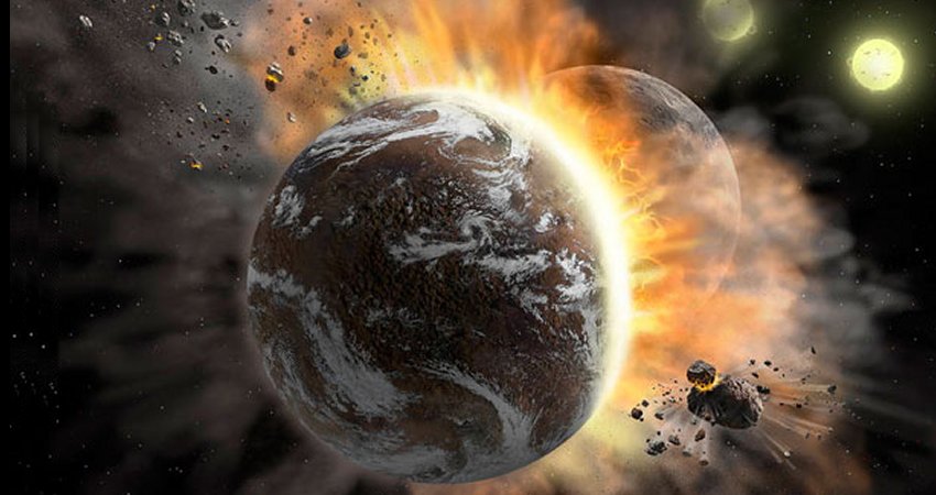 Artist’s impression of the collision of two protoplanets.Credits: NASA/SOFIA/Lynette Cook