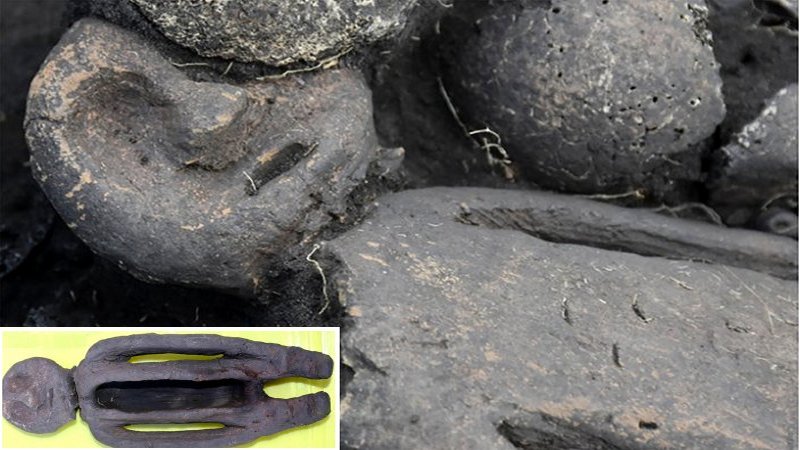 Never-Before-Seen Strange 5,000-Year-Old Clay Figurine With A Tattooed Face And Bone Mask Found In Siberia