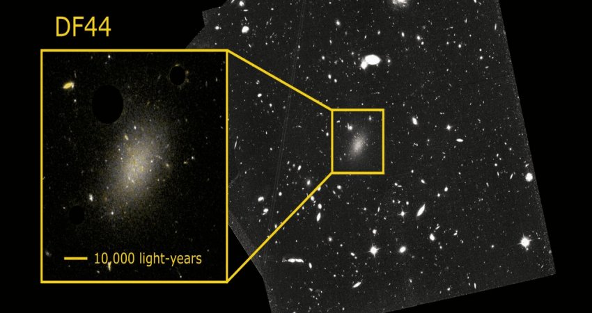 Image and amplification (in color) of the ultra-diffuse galaxy Dragonfly 44 taken with the Hubble space telescope. Credit: Teymoor Saifollahi and NASA/HST.