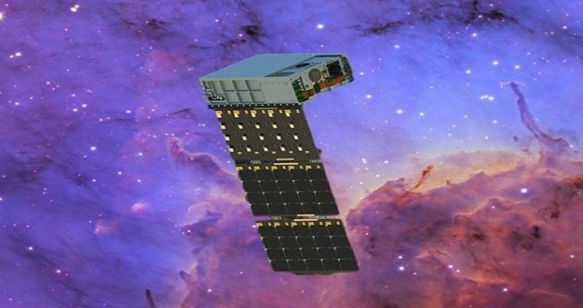 An artist’s conception shows the HaloSat X-ray-detecting mini-telescope against a background of stars and nebulas. (HaloSat / Univ. of Iowa Illustration)