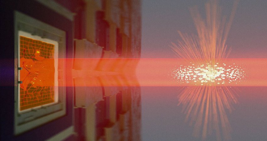 Light propagates through the atomic cloud shown in the center and then falls onto the SiN membrane shown on the left. As a result of interaction with light the precession of atomic spins and vibration of the membrane become quantum correlated. This is the essence of entanglement between the atoms and the membrane. Credit: Niels Bohr Institute