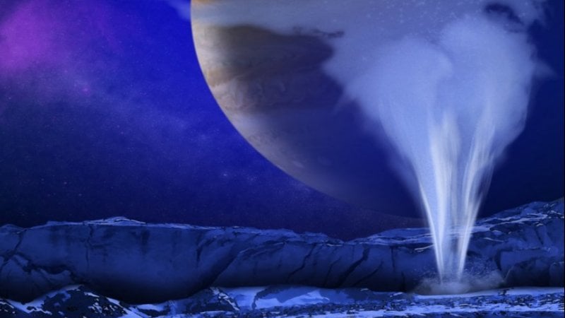 This is an artist’s concept of a plume of water vapor thought to be ejected off the frigid, icy surface of the Jovian moon Europa. Image credit: NASA/ESA/K. Retherford/SWRI