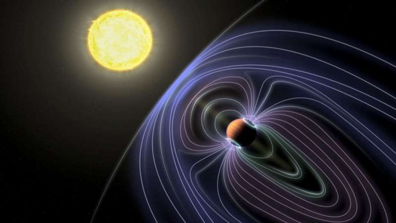 In this artistic rendering of the Tau Boötes b system, the lines representing the invisible magnetic field are shown protecting the hot Jupiter planet from solar wind. Credit: Jack Madden/Cornell University