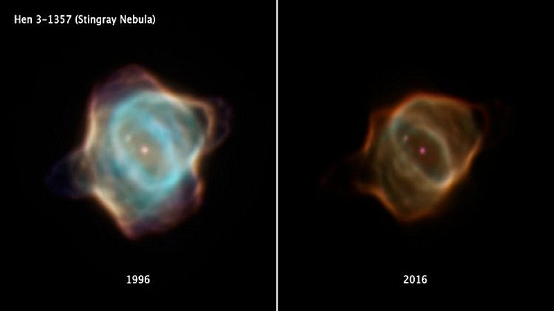 Two images of the Stingray Nebula, located in the direction of the southern constellation Ara — or the Altar — captured 20 years apart by NASA’s Hubble Space Telescope. The image on the left was taken in March 1996, while the image on the right was captured in January 2016.NASA/ESA/Bruce Balick/Martín Guerrero/Gerardo Ramos-Larios