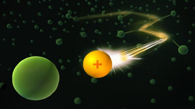 1 / 1The path of the positively charged ion (yellow) through the BEC (green) can still only be depicted artistically. An ion microscope currently being developed at the Fifth Institute of Physics at the University of Stuttgart will make this path directly visible with a resolution of less than 200 nanometers. Credit: University of Stuttgart/PI5, Celina Brandes