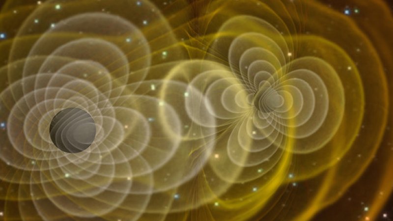 Illustration of gravitational waves produced by two orbiting black holes. Credit: Henze/NASA