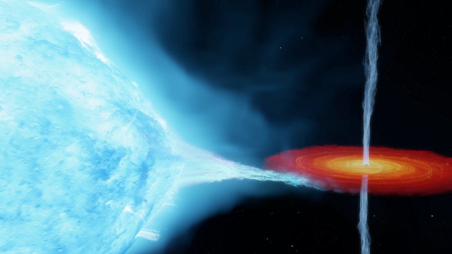 An artist's impression of the Cygnus X-1 system. A stellar-mass black hole orbits with a companion star located 7,200 light years from Earth. Credit: International Centre for Radio Astronomy Research.