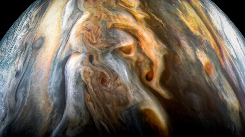 The JunoCam imager aboard NASA's Juno spacecraft captured this image of Jupiter's southern equatorial region on Sept. 1, 2017. The image is oriented so Jupiter's poles (not visible) run left-to-right of frame. Credit: NASA/JPL-Caltech/SwRI/MSSS/Kevin M. Gill