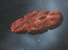 This painting by William K. Hartmann, who is a senior scientist emeritus at the Planetary Science Institute in Tucson, Arizona, is based on a commission from Michael Belton and shows a concept of the ‘Oumuamua object as a pancake-shaped disk. Credit: William Hartmann