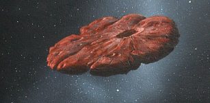 This painting by William K. Hartmann, who is a senior scientist emeritus at the Planetary Science Institute in Tucson, Arizona, is based on a commission from Michael Belton and shows a concept of the ‘Oumuamua object as a pancake-shaped disk. Credit: William Hartmann