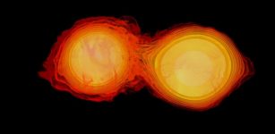 An image of two neutron stars colliding.