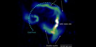A black hole (marked by the red x) at the centre of galaxy MRC 0600-399 emits a jet of particles that bends into a 'double-scythe' T-shape that follows the magnetic field lines at the galaxy subcluster's boundary. (Image Credit: Modified from Chibueze, Sakemi, Ohmura et al. (2021) Nature Fig. 1(b))