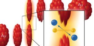 Making matter from light: Two gold (Au) ions (red) move in opposite direction at 99.995% of the speed of light (v, for velocity, = approximately c, the speed of light). As the ions pass one another without colliding, two photons (γ) from the electromagnetic cloud surrounding the ions can interact with each other to create a matter-antimatter pair: an electron (e-) and positron (e+).