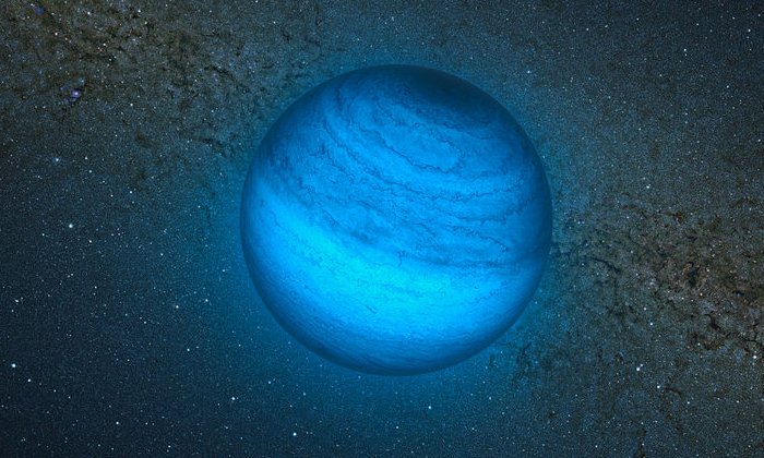 This artist’s impression shows the free-floating planet CFBDSIR J214947.2-040308.9. This is the closest such object to the Solar System. It does not orbit a star and hence does not shine by reflected light; the faint glow it emits can only be detected in infrared light. Here we see an artist’s impression of an infrared view of the object with an image of the central parts of the Milky Way from the VISTA infrared survey telescope in the background. The object appears blueish in this near-infrared view because much of the light at longer infrared wavelengths is absorbed by methane and other molecules in the planet's atmosphere. In visible light the object is so cool that it would only shine dimly with a deep red colour when seen close-up.