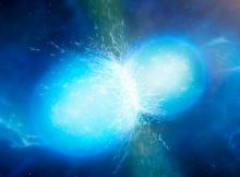 Artist's impression of neutron stars merging, producing gravitational waves and resulting in a kilonova