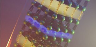 Using the right chemistry, it is possible to combine two different atomic arrangement (yellow and blue slabs) that provide mechanisms to slow down the motion of heat through a solid. This strategy gives the lowest thermal conductivity reported in an inorganic material. Credit: University of Liverpool