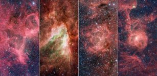 Shown here (from left) are the Eagle, Omega, Triffid, and Lagoon Nebulae, imaged by NASA’s infrared Spitzer Space Telescope. These nebulae are part of a structure within the Milky Way’s Sagittarius Arm that is poking out from the arm at a dramatic angle. Credit: NASA/JPL-Caltech