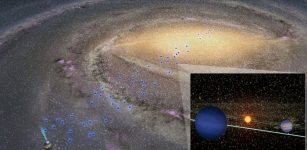 An artist’s conception of cold planet distribution throughout the Milky Way. For comparison, the cyan cone is the Kepler transit survey field. The inset shows an artistic conception of a planetary system in the galactic bulge. Credit: Osaka University